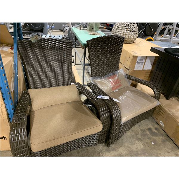 PAIR OF BROWN WOVEN RATTAN PREMIUM MUSKOKA CHAIRS WITH BEIGE CUSHIONS *IN BOX*