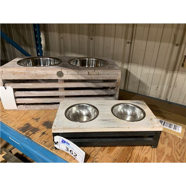 PAIR OF PARAMOUNT WOOD PET FEEDING STANDS WITH DISHES