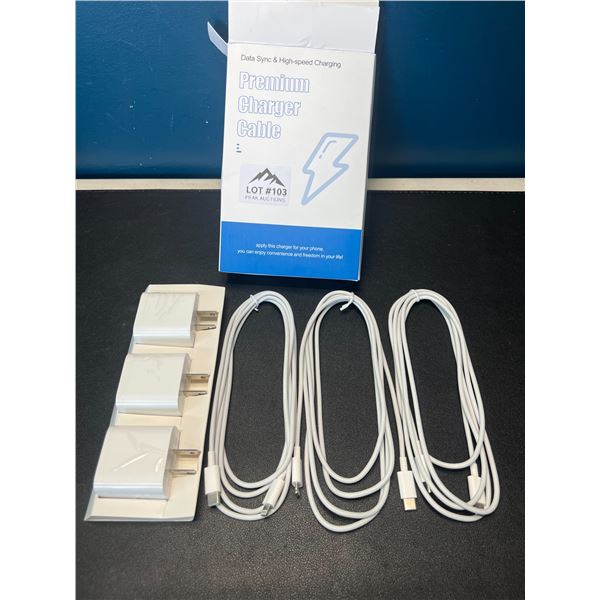 Lot of 3 Premium Fast-Charge Cables for Apple Devices - 3 Pack of Blocks/Cords