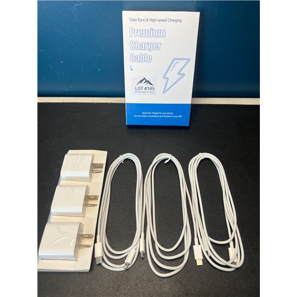 Lot of 3 Premium Fast-Charge Cables for Apple Devices - 3 Pack of Blocks/Cords