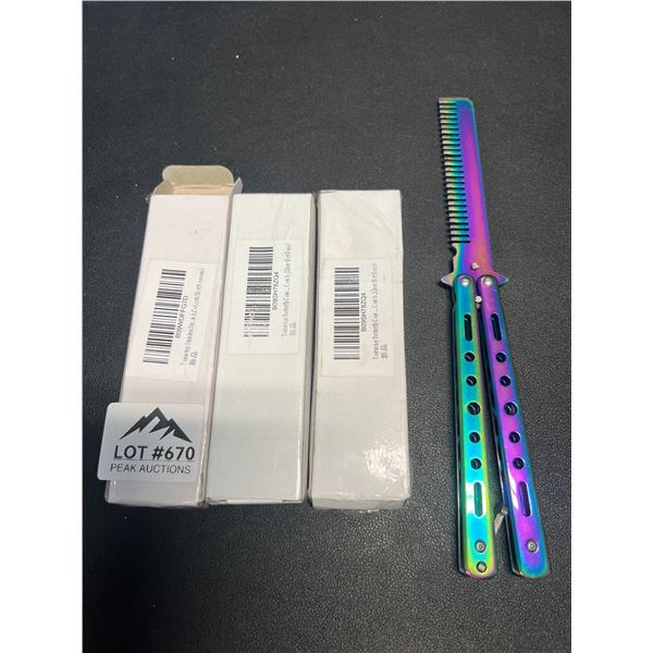 Lot of 3 Butterfly-Style Knife Rainbow Chrome Combs