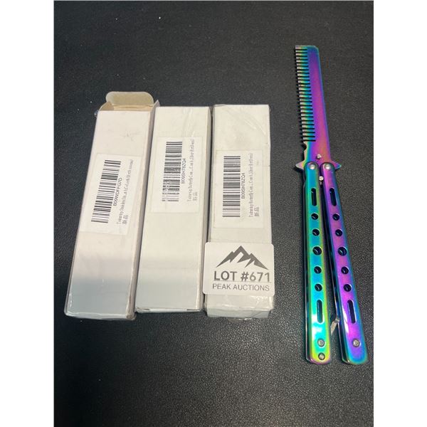 Lot of 3 Butterfly-Style Knife Rainbow Chrome Combs