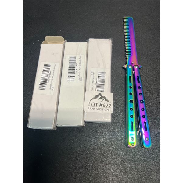 Lot of 3 Butterfly-Style Knife Rainbow Chrome Combs