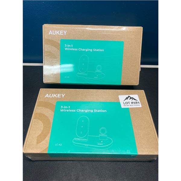 Lot of 2 Aukey 3-in-1 Wireless Charging Stations - Brand New Sealed!