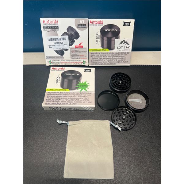 Lot of 3 Metal Herb Grinders - Black - 2inch