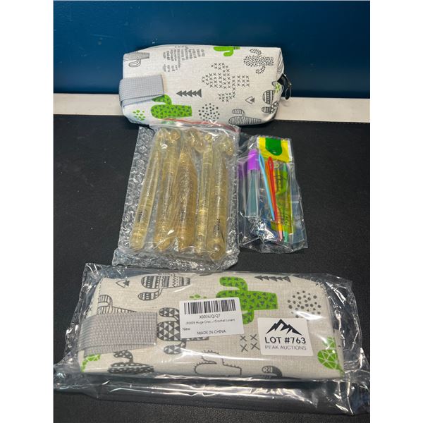 Lot of 2 Large Crochet Hook Sets w/ Storage Pouch, Stitch Markers, & more