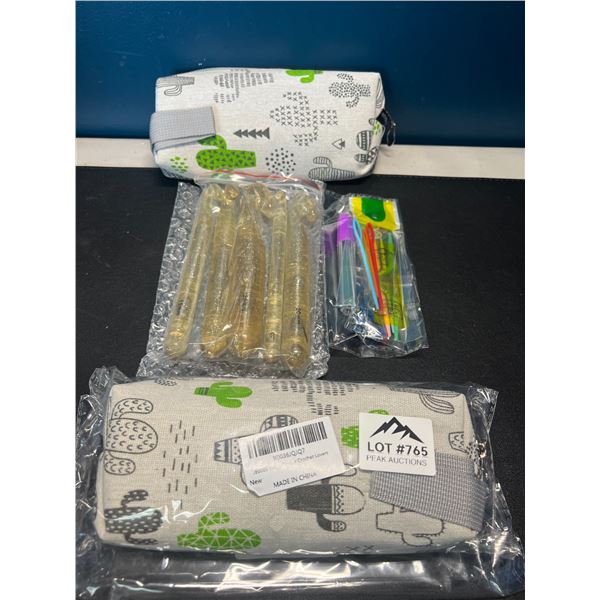 Lot of 2 Large Crochet Hook Sets w/ Storage Pouch, Stitch Markers, & more