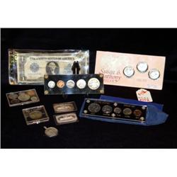 TRAY LOT COINS INCL 1964 MINT SET, 1955 PROOF SET,