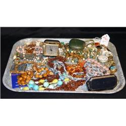 TRAY LOT COSTUME JEWELRY TRAVEL CLOCKS, POCKET WAT