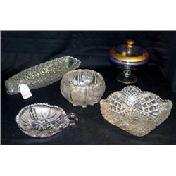 LOT 5 MISC PCS OF GLASS INCL THISTLE BOWL AND CAND