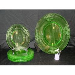 ETCHED GREEN GLASS CAKE SET