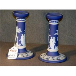 DARK BLUE AND WHITE 7" WEDGWOOD CANDLESTICKS- 2 X