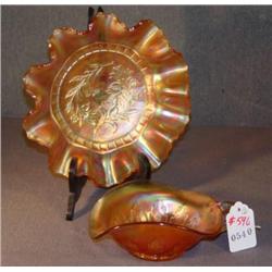 CARNIVAL GLASS FLUTED BOWL AND HANDLED DISH- 2 X T