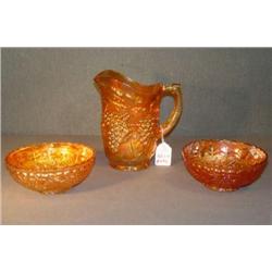 GRAPE PATTERN CARNIVAL GLASS PITCHER AND 2 BOWLS