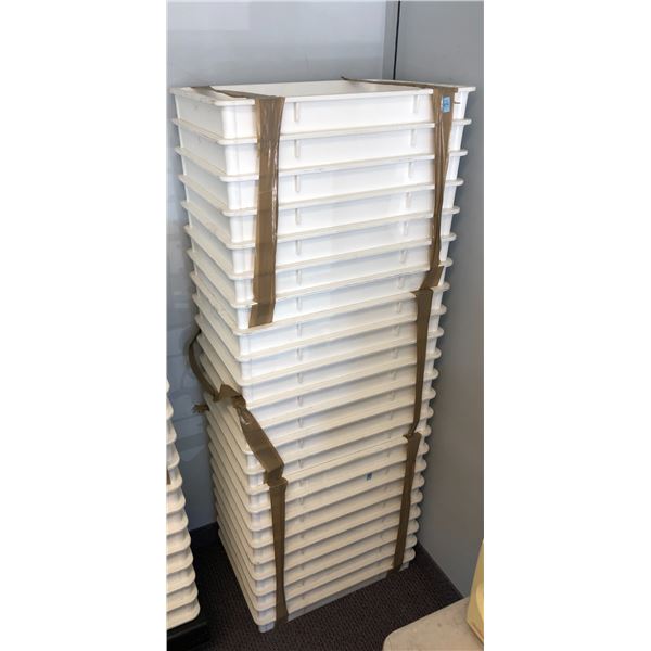 Set of 22 white stackable food grade trays - (approx 25 1/2" W x 18 L x 3 1/2" D)