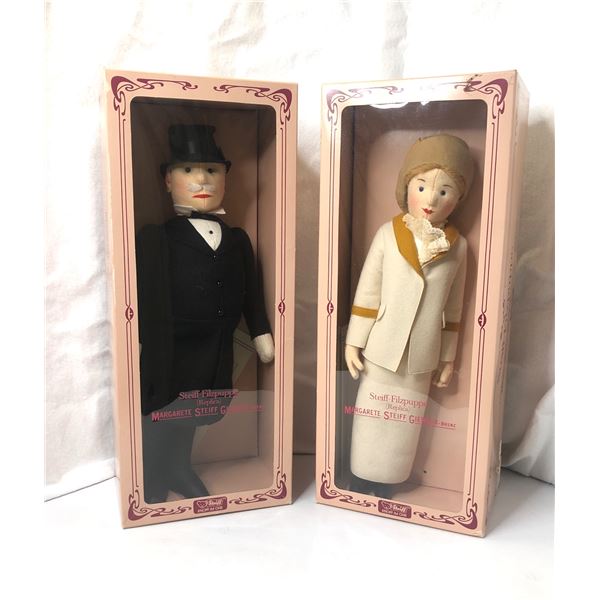 Group of 2 Margarete Steiff 1986-87 collectible dolls w/ certificate - includes gentleman in morning