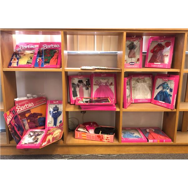 Shelf lot of Barbie accessories - includes TV news reporter outfit / business executive outfit / Ken