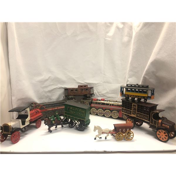 Group of 8 vintage toys - includes train / trolley / cast iron ice wagon bugey w/ horse etc