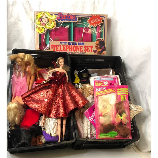 2 bins full of vintage Barbie dolls & accessories - includes dolls / battery intercom telephone set