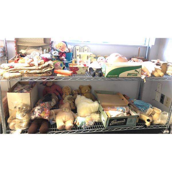 2 Shelves full of assorted vintage dolls / doll accesories & stuffed animals - includes beating drum