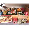 Image 2 : 4 boxes full of vintage trays & tin boxes & misc - includes english hunting pub scene serving tray /