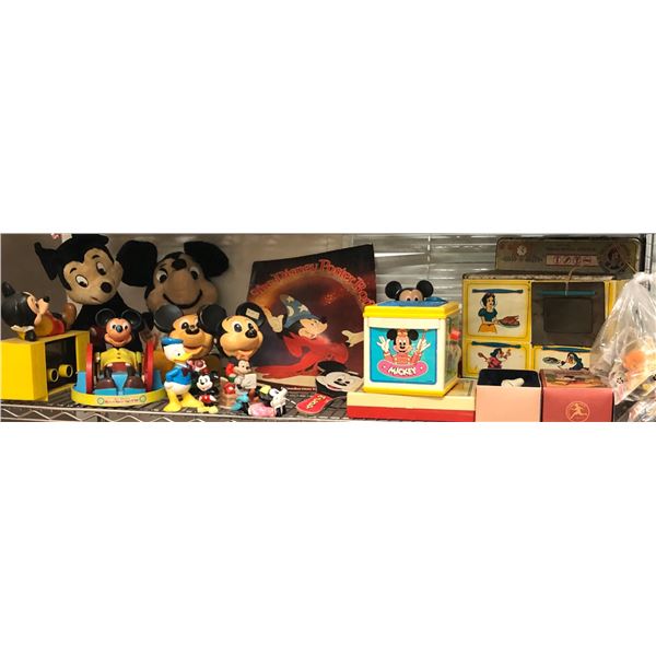Shelf lot of assorted Disney display figures - includes Mickey mouse wooden doll / Mickey Mouse radi