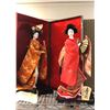 Image 2 : Group of 3 Japanese Geisha oriental dolls wearing kimono outfit in Mai-Ohgi dance pose - approx 14" 