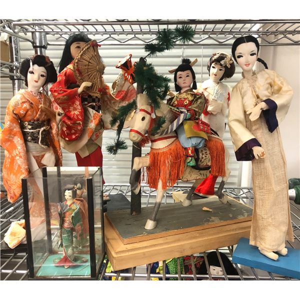 Group of 6 Japanese oriental dolls - includes Samurai doll on horse & Japanese lady