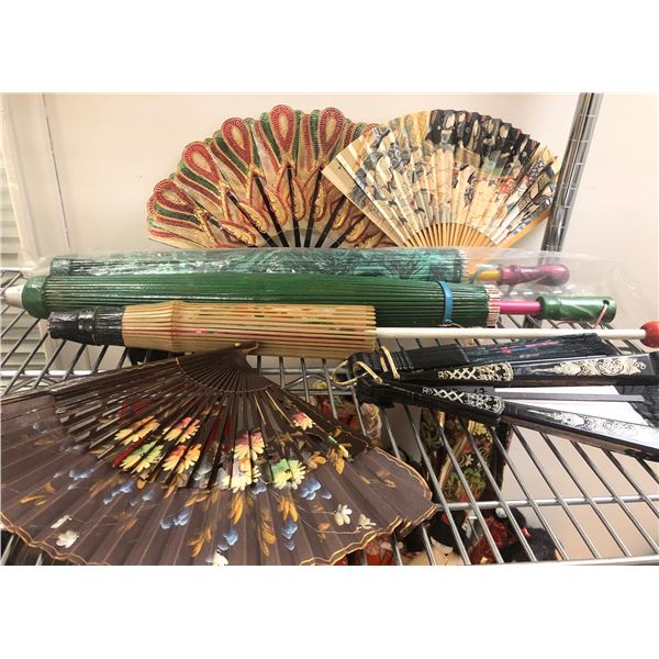 Group of assorted oriental fans & umbrellas - approx 9 pcs