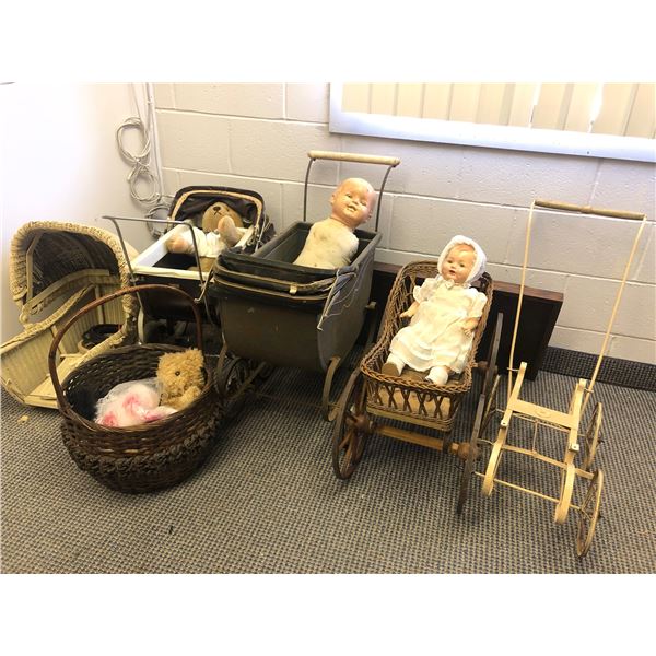 Group of assorted vintage estate items - includes baby doll strollers w/ dolls / Victorian baby carr