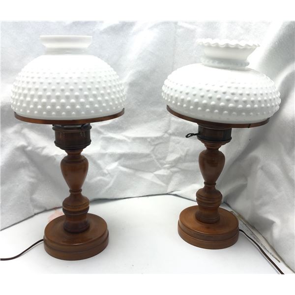 group of 2 vintage estate wooden lamps w/ glass shade