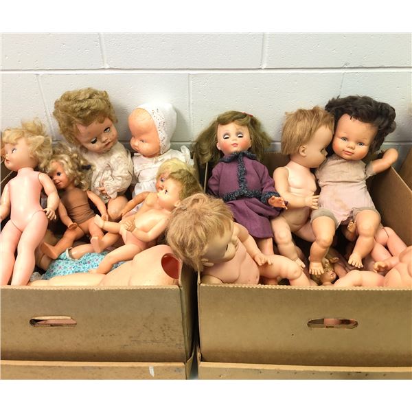 2 boxes full of assorted vintage baby dolls - approx 20 dolls