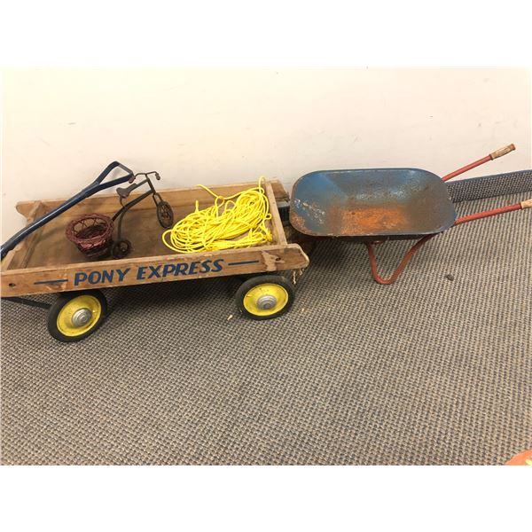 group of 3 vintage estate items - includes metal wheelbarrow / Pony Express wagon & miniature bicycl