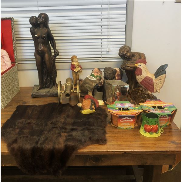 Group of assorted vintage estate items - includes Leonard art  the Lovers  sculpture / brass cannon 