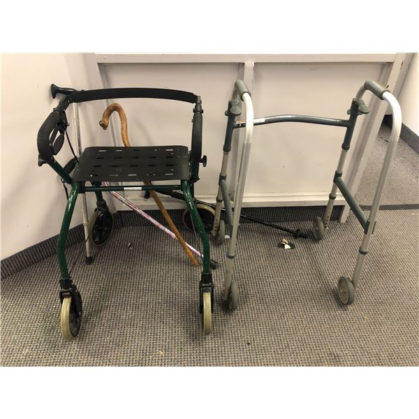 Group of 6 vintage estate items - includes adjustable lightweight folding walker w/ wheels / walker