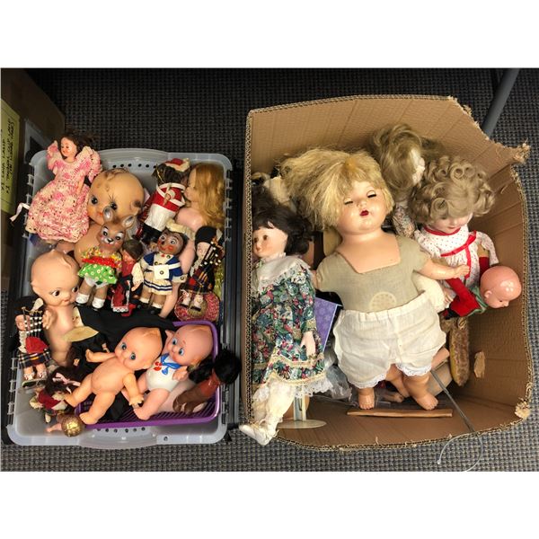 2 boxes full of assorted vintage estate dolls - includes baby dolls / boy doll in cowboy outfit / Sc