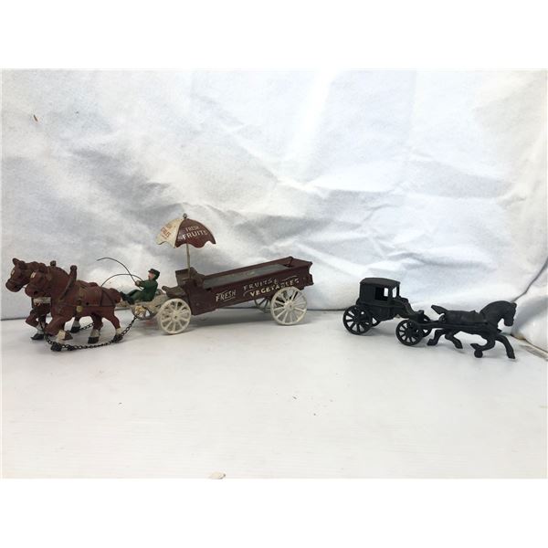 Group of 3 vintage estate items - includes 2 cast iron horses & rider on wagon / horse pushing pulli