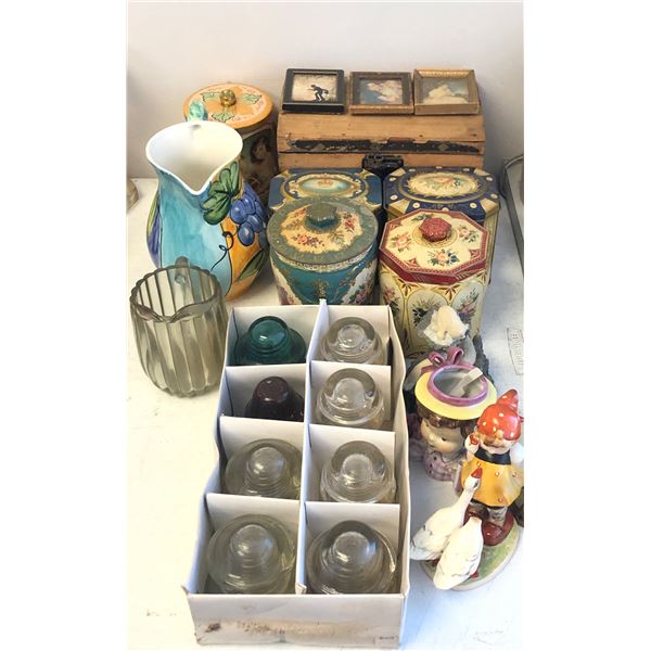 Group of assorted vintage estate items - includes tin boxes / floral vase / girl & geese porcelain f