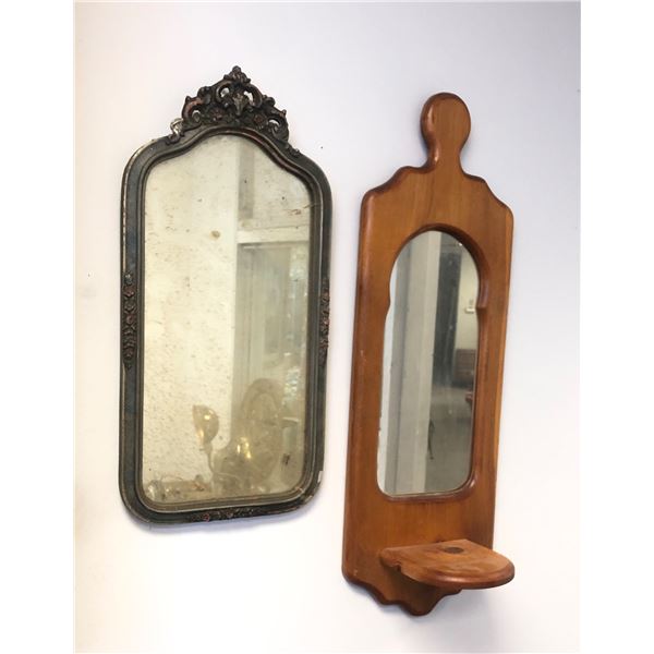 2 vintage estate wall mirrors - (approx 24" x 11 1/2") one with shelf (approx 11" x 32")