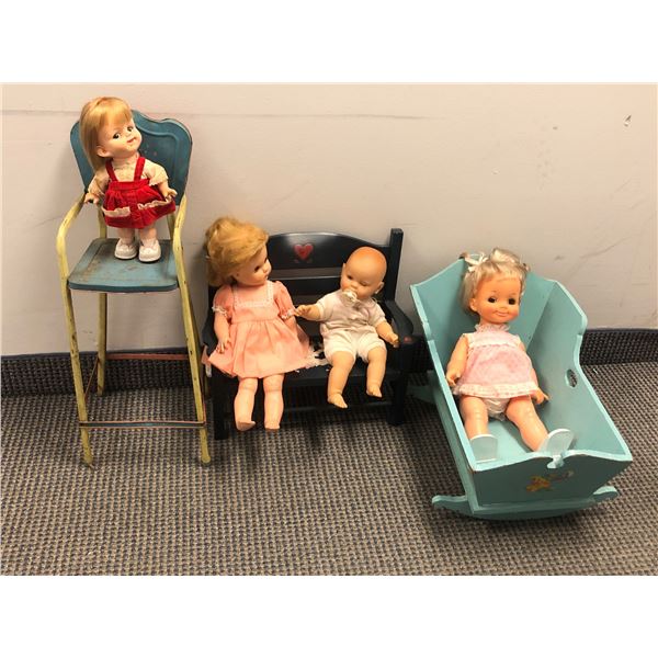 4 Vintage estate baby dolls w/ bench, chair & cradle