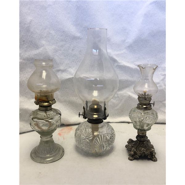 Group of 3 vintage estate clear glass kerosene oil lamps