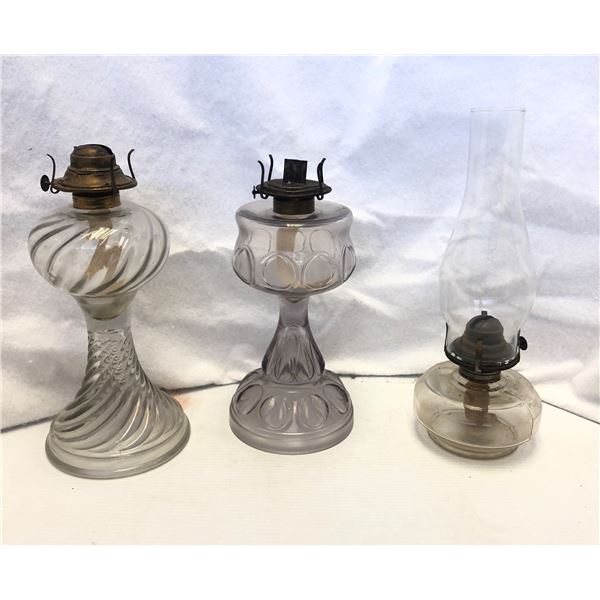 Group of 3 vintage estate clear glass kerosene oil lamps - includes ribbed glass oil lamp / lampligh