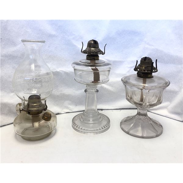 Group of 3 vintage estate clear glass kerosene oil lamps