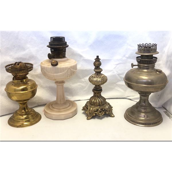 Group of 4 vintage estate kerosene oil lamps - includes brass lanterns etc