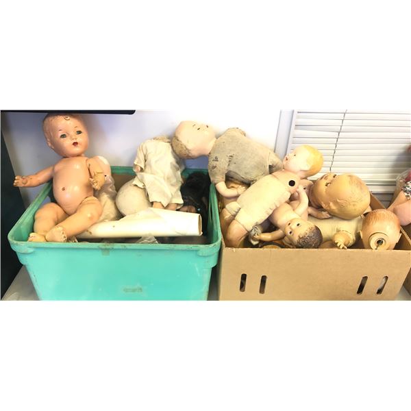 2 boxes full of vintage estate baby dolls - includes ceramic doll heads etc