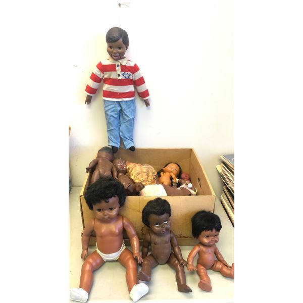 Box full of vintage estate African American baby dolls & Willie Talk ventriloquist dummy