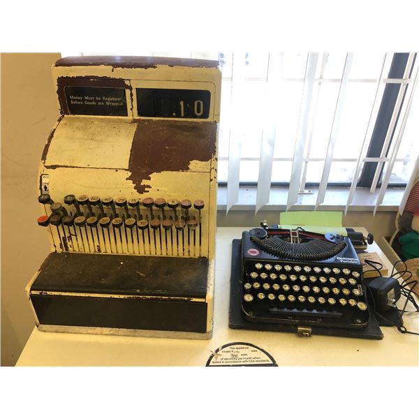 3 Vintage estate items - includes stylized cash register / Remington portable typewriter etc