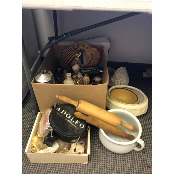 Box full of assorted vintage estate misc items - includes virgin Mary cutlery figurine / Care Bears 