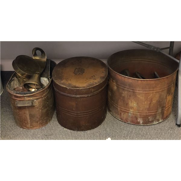 Group of 3 vintage estate metal boxes & misc assorted items - includes metal hat box (approx 20" W x