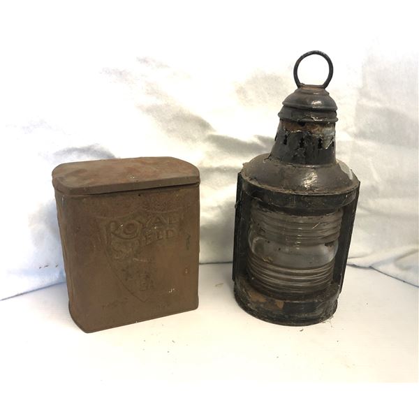 Group of 2 vintage estate items - includes Royal Shield tobacco tin & port & starboard lantern